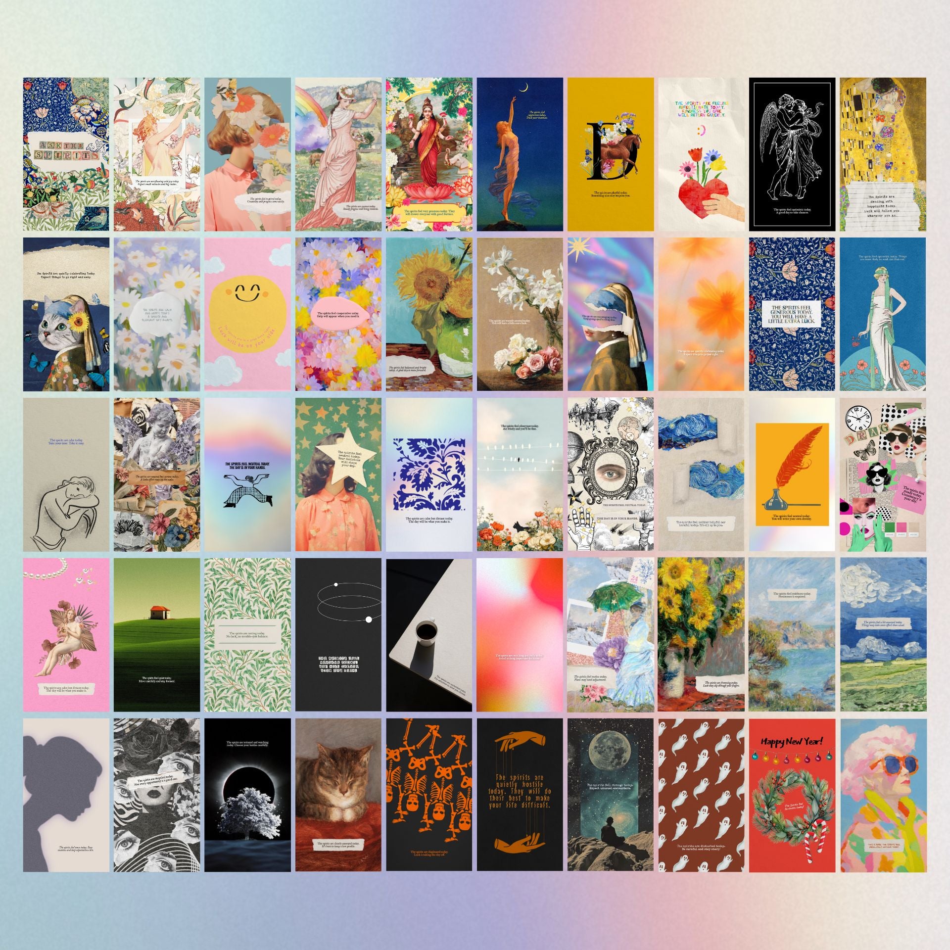 Grid of various artistic greeting cards with different designs on a gradient background.