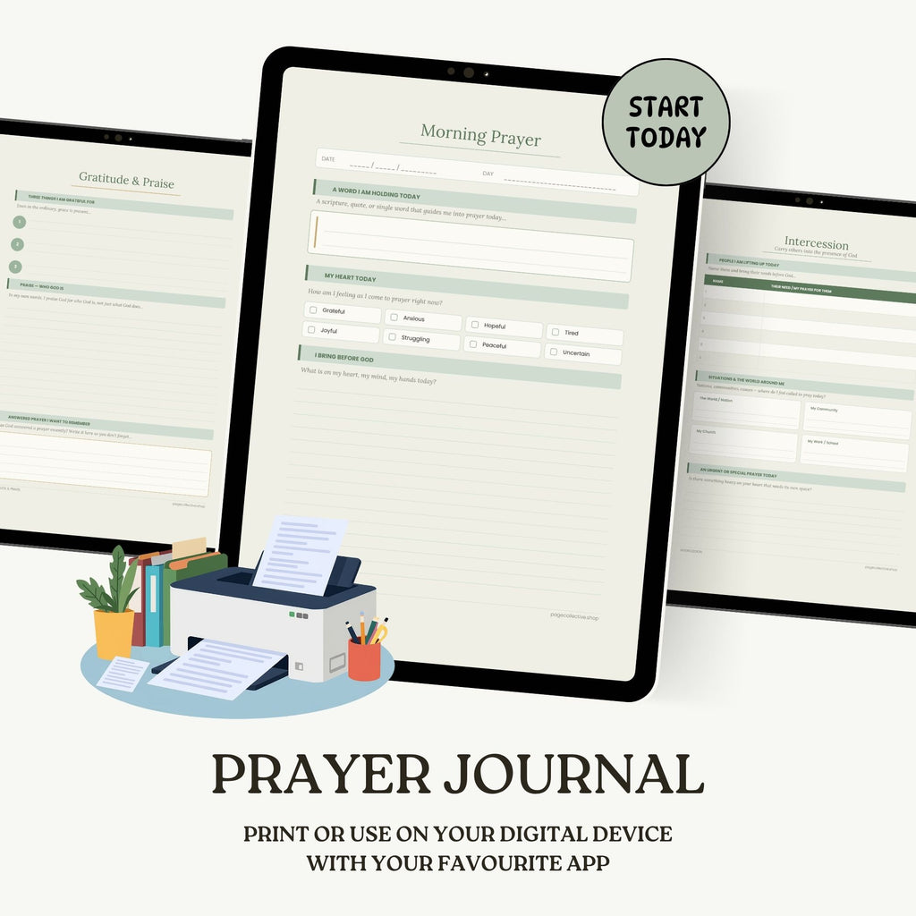 Promotional infographic for Daily Prayer Journal Template Bundle by Page Collective