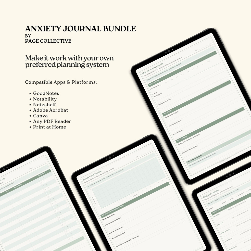Anxiety journal bundle by Page Collective with compatible apps and platforms listed.