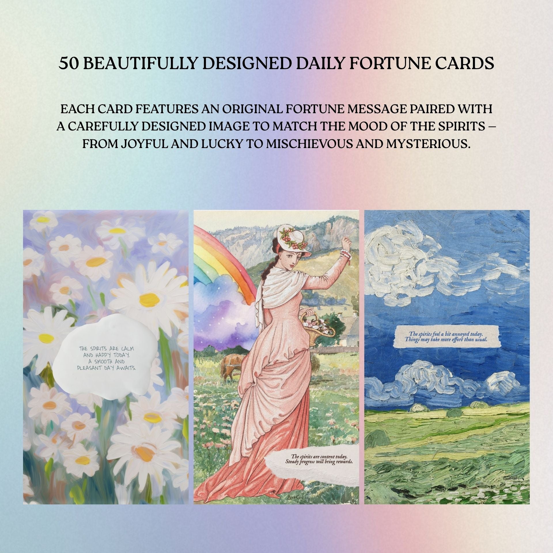 Cover of a book titled '50 Beautifully Designed Daily Fortune Cards' with images and text.