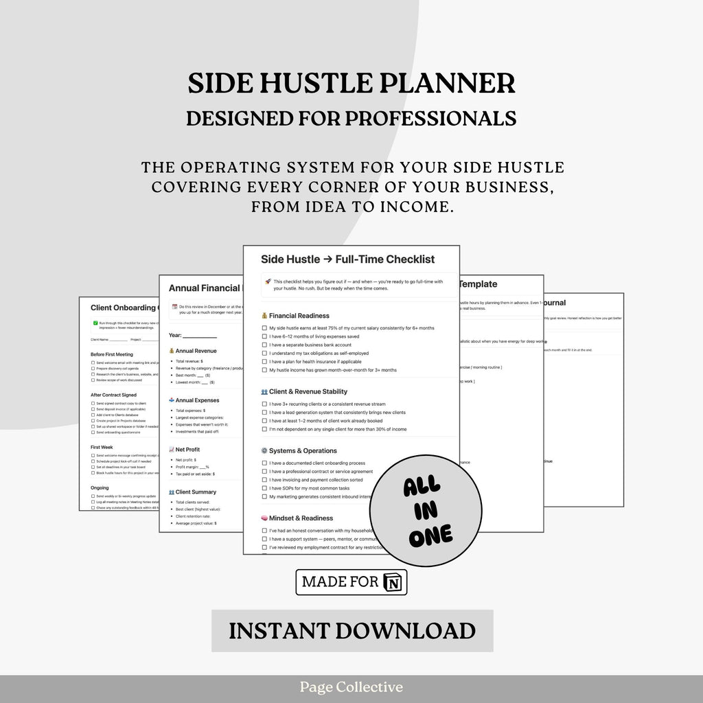 Promotional infographic for Notion Side Hustle Planner by Page Collective