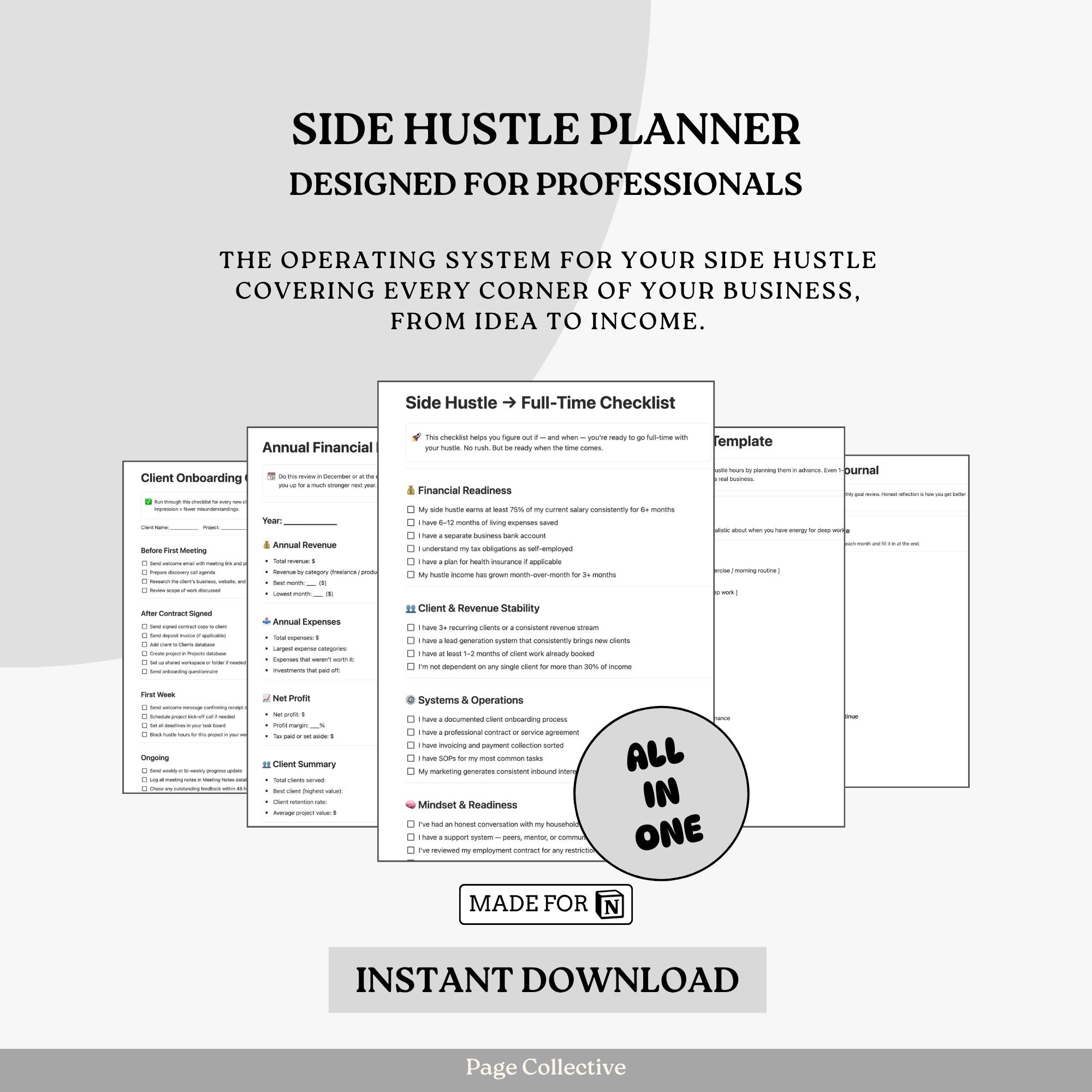Promotional infographic for Notion Side Hustle Planner by Page Collective