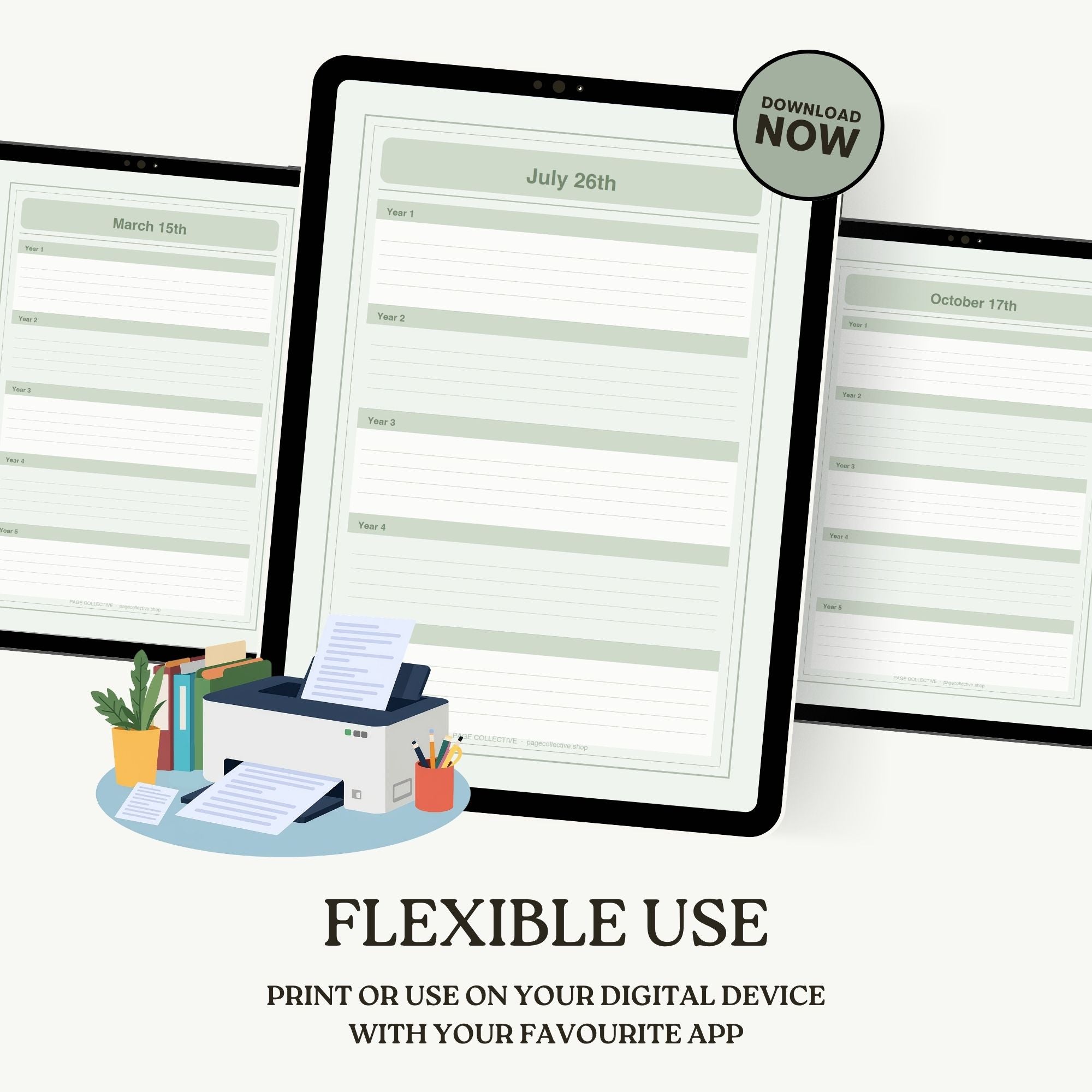 Digital planner on a tablet with text 'Download Now' and 'Flexible Use' on a white background.