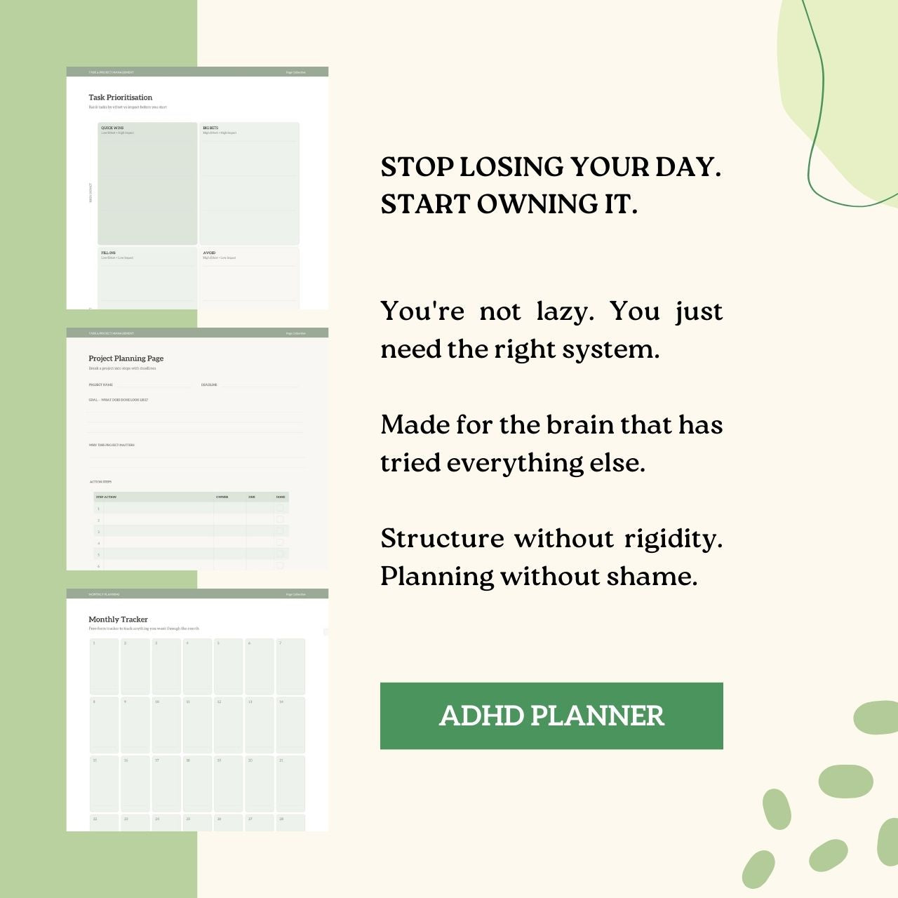 ADHD planner with text encouraging taking control of one's day, on a light green background.