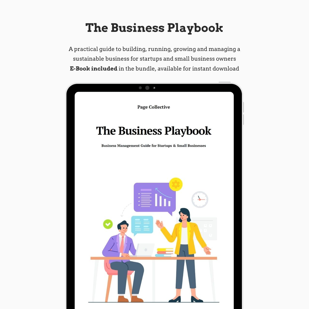 Digital mockup of 'The Business Playbook' on a tablet screen with two people at a table.