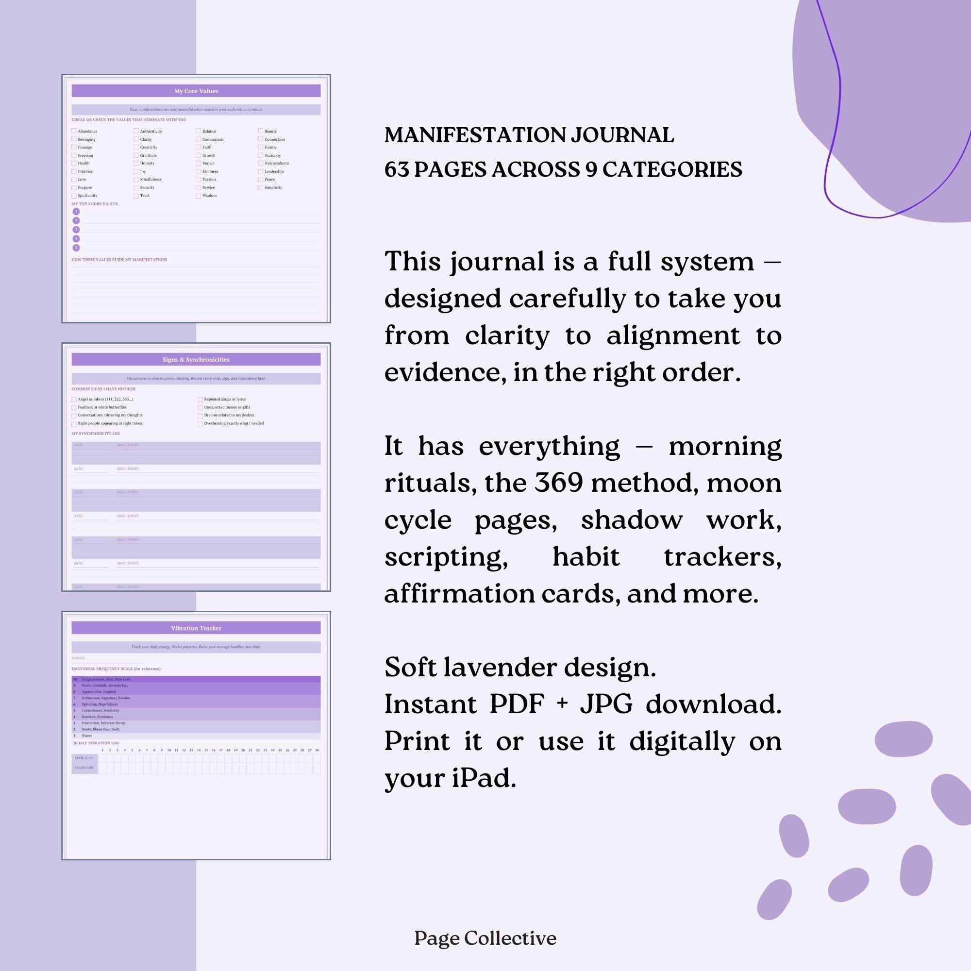 Manifestation journal with text on a lavender background