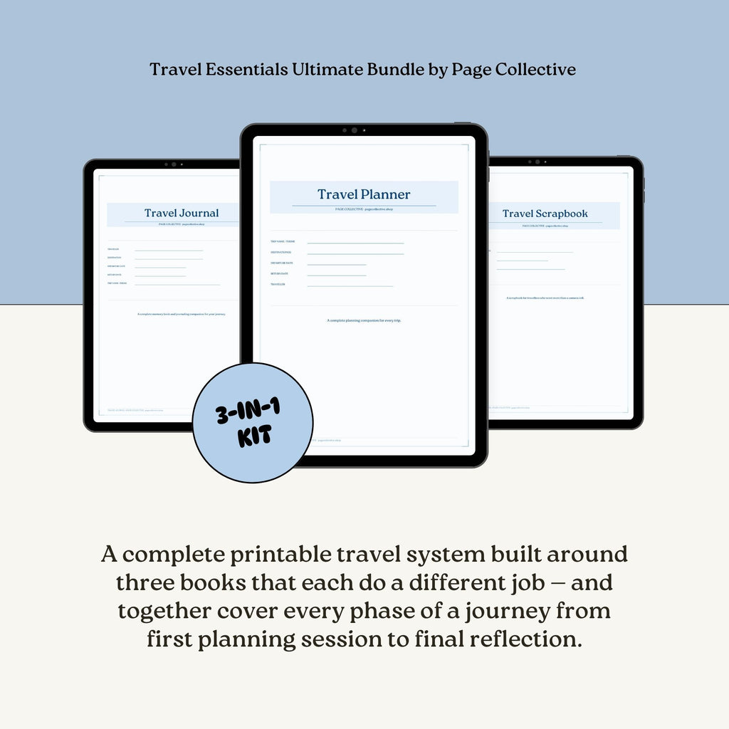 Travel Essentials Ultimate Bundle by Page Collective with three digital mockups of travel-related documents on a light blue and beige gradient background.