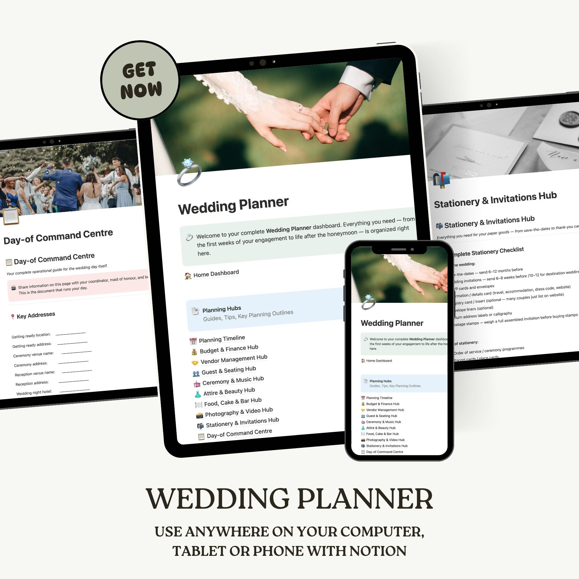 Wedding planner app interface displayed on tablet, phone, and computer screens with 'Get Now' button.