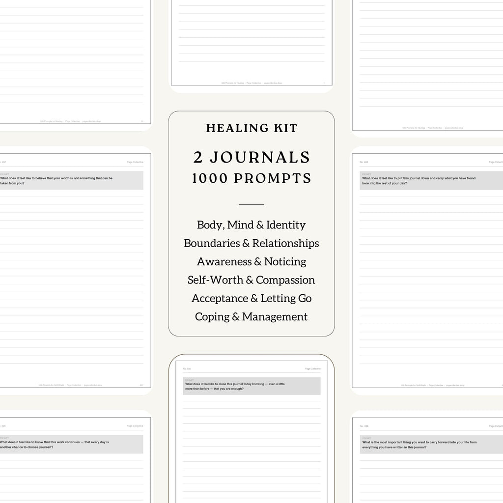 Healing kit with two journals and 1000 prompts on a white background