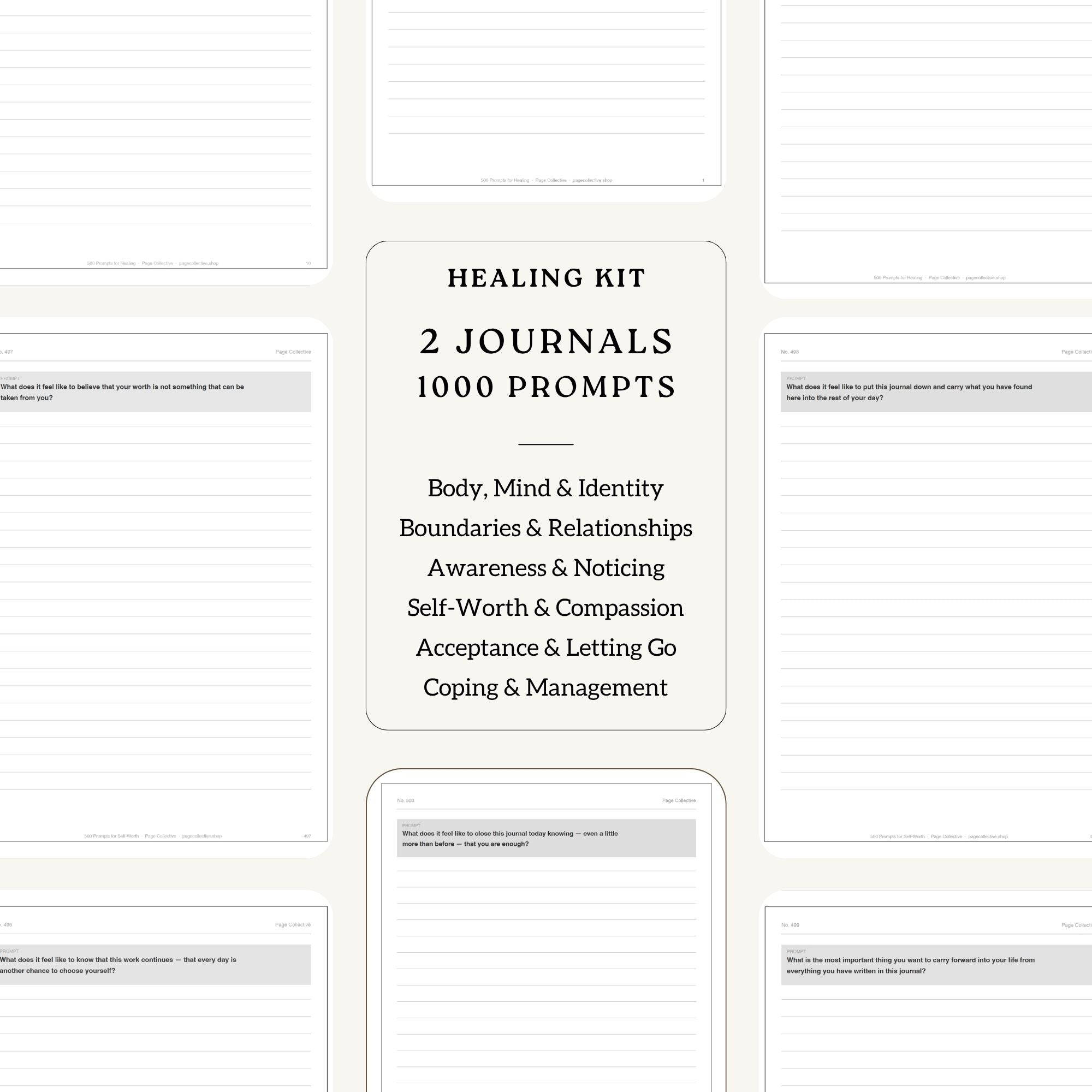 Healing kit with two journals and 1000 prompts on a white background