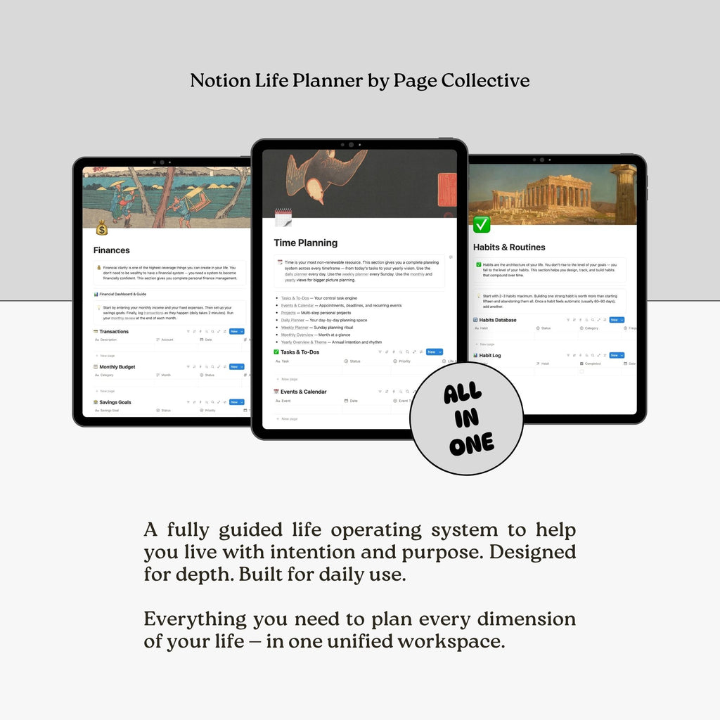 Three tablets displaying different sections of a life planner app with text about Notion Life Planner by Page Collective.