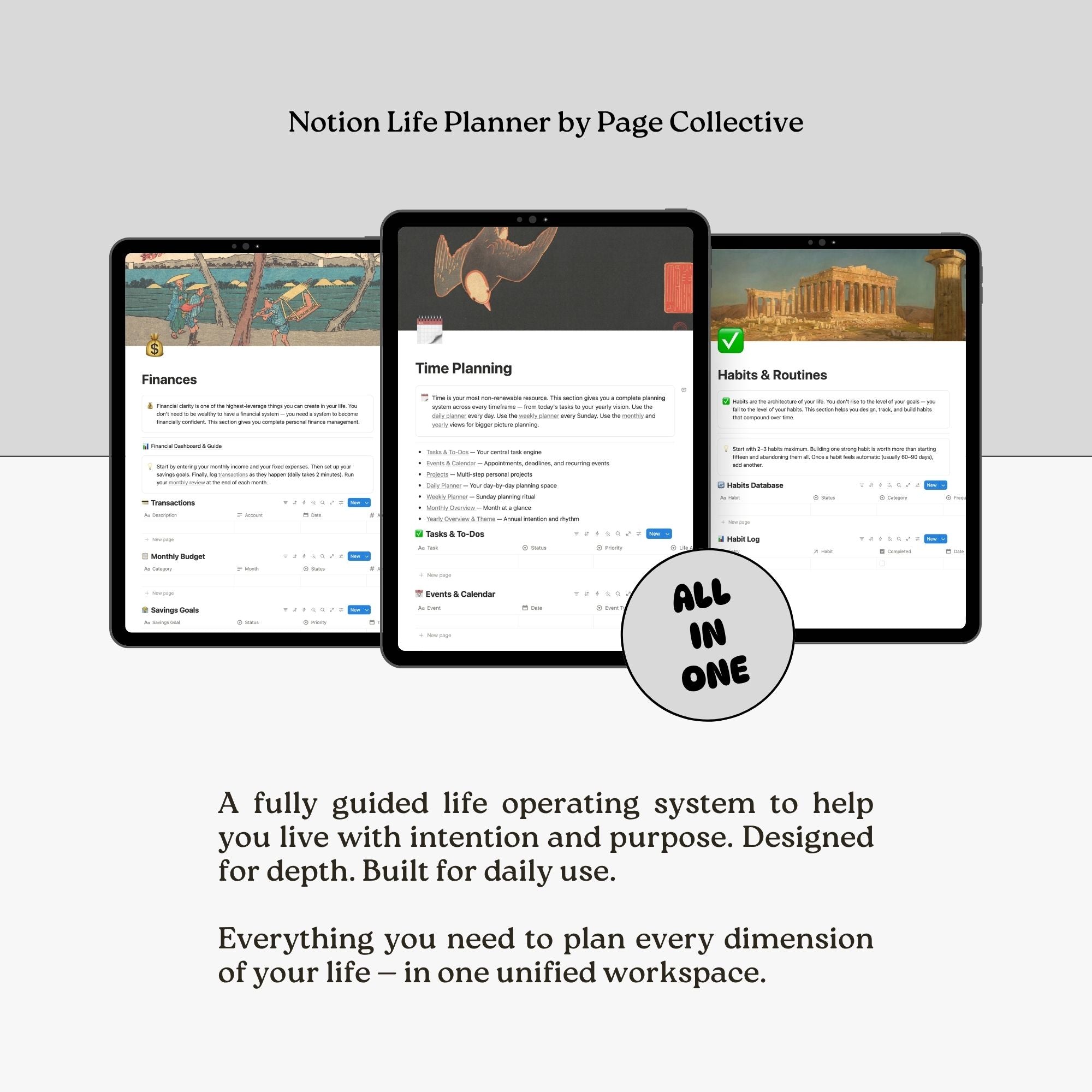 Three tablets displaying different sections of a life planner app with text about Notion Life Planner by Page Collective.
