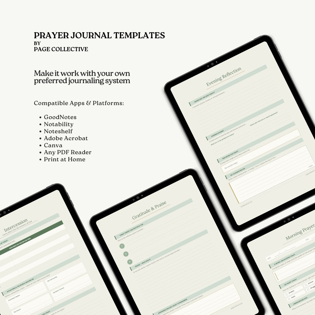 Promotional infographic for Daily Prayer Journal Template Bundle by Page Collective