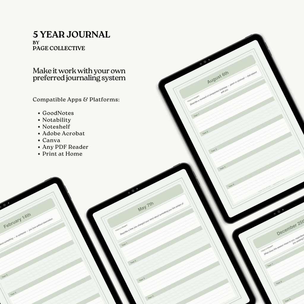 Digital journal entries on tablets with text about '5 Year Journal' by Page Collective.
