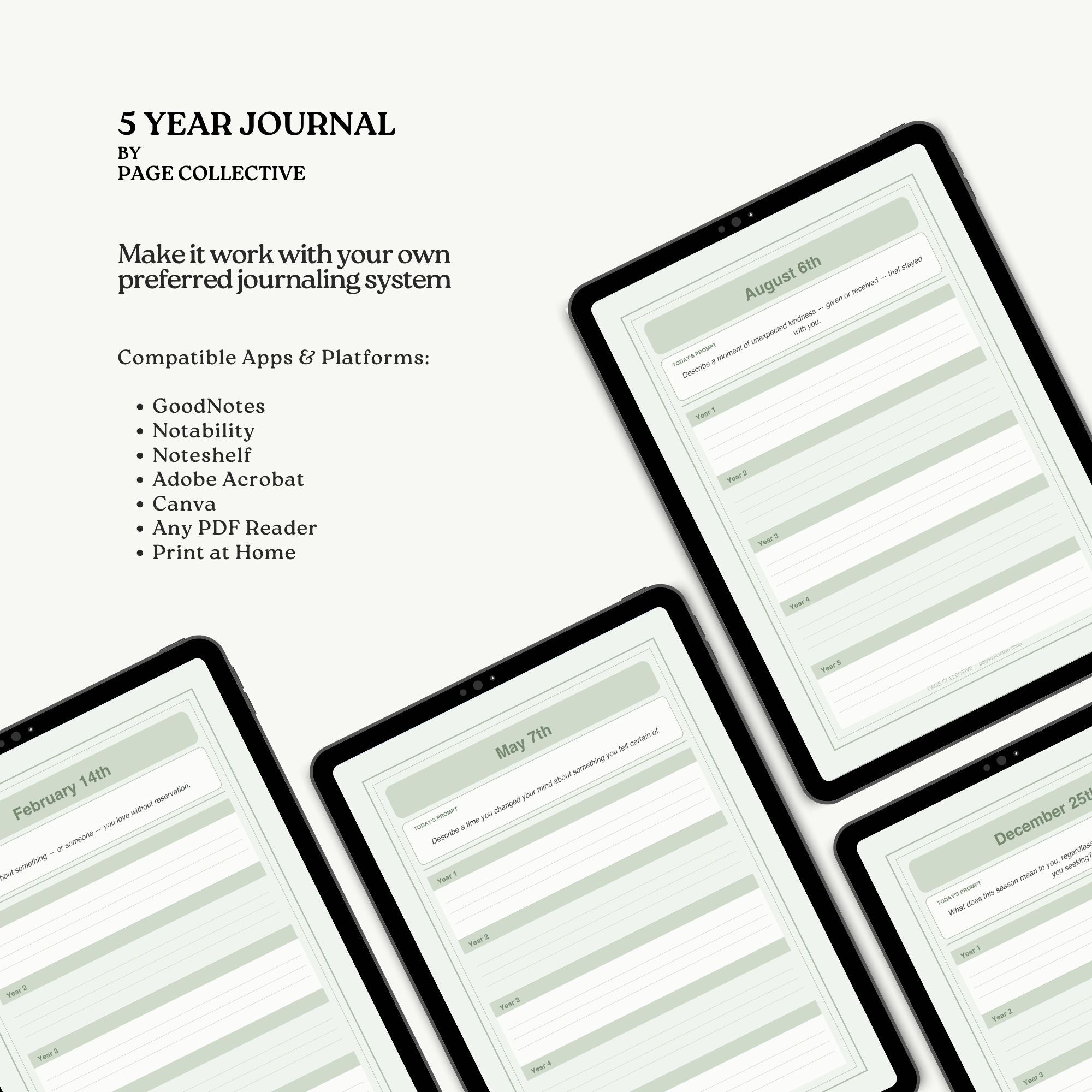 Digital journal entries on tablets with text about '5 Year Journal' by Page Collective.