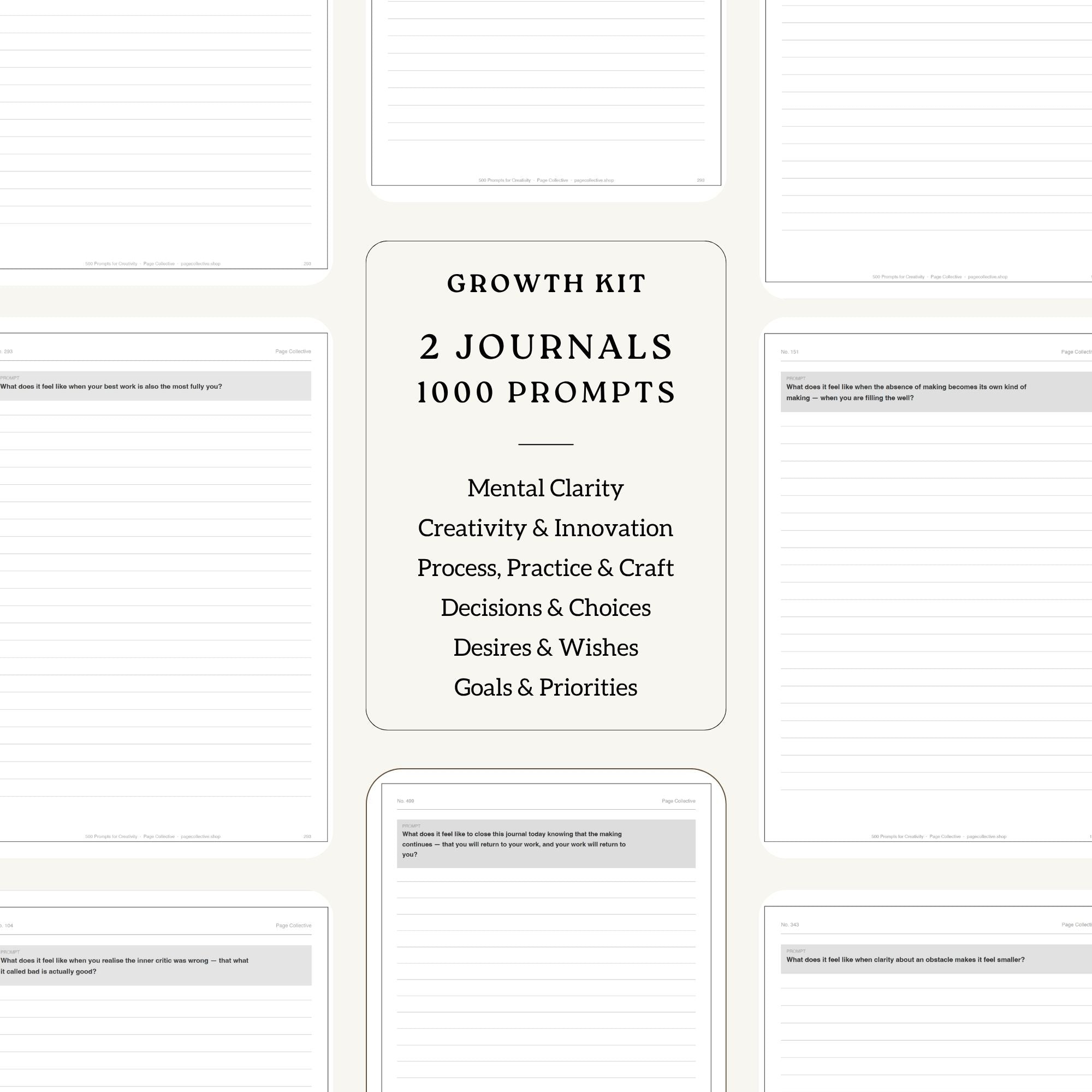 Growth kit with two journals and 1000 prompts on a white background