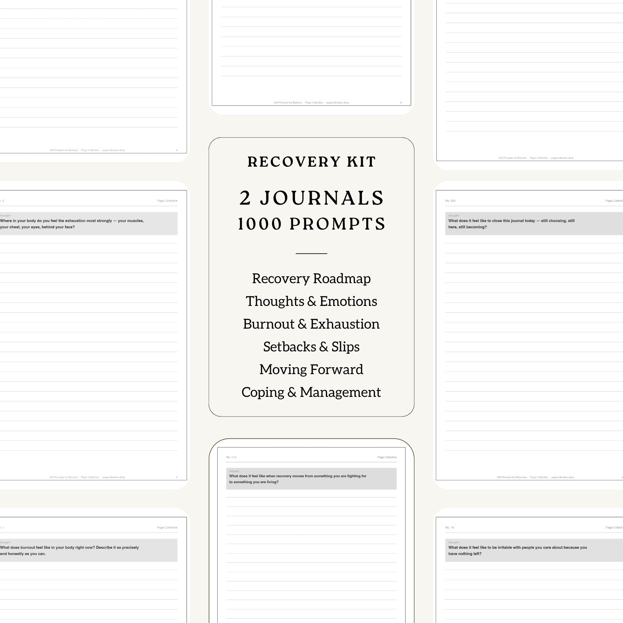 Recovery kit with two journals and 1000 prompts on a white background