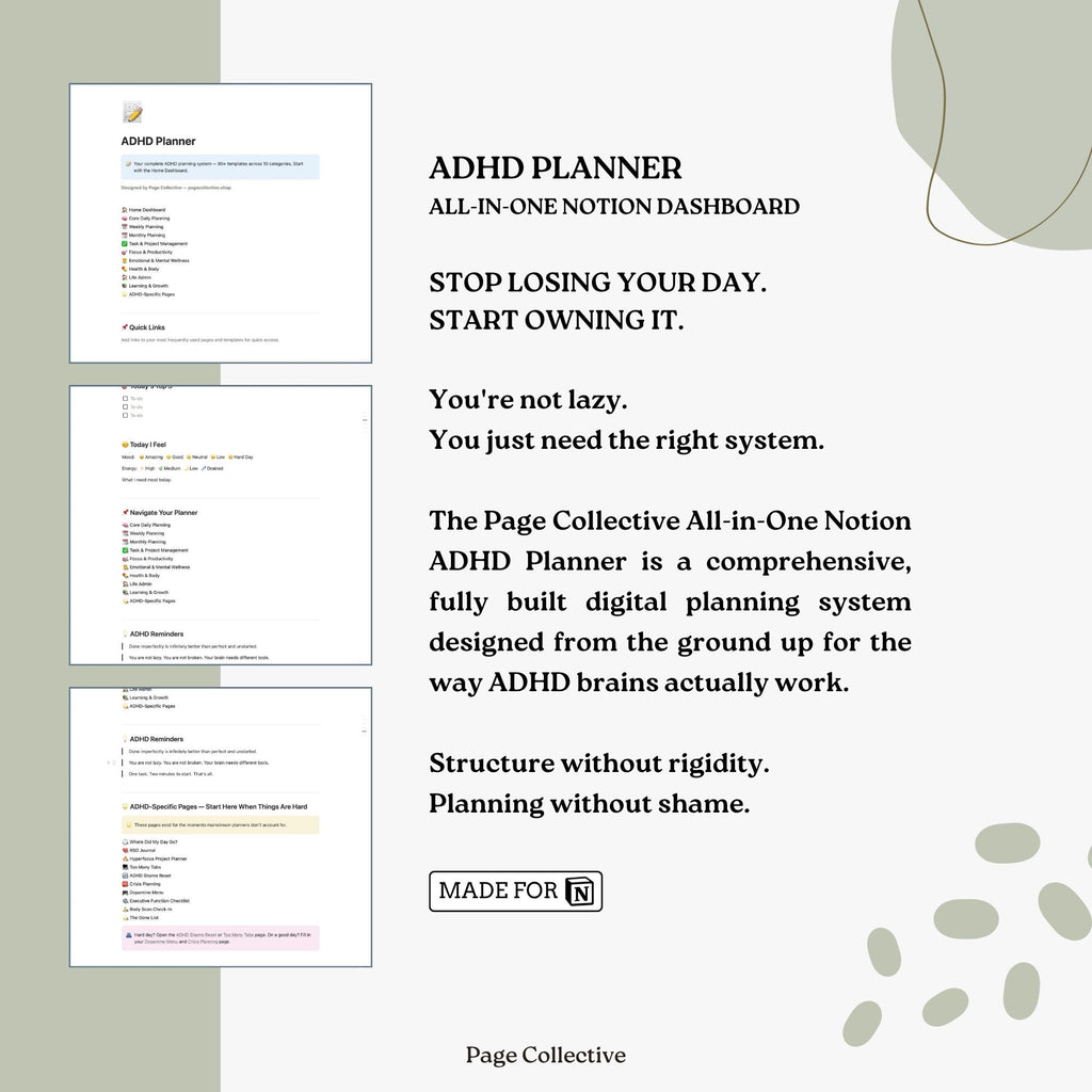 ADHD planner dashboard with text on a light gray background