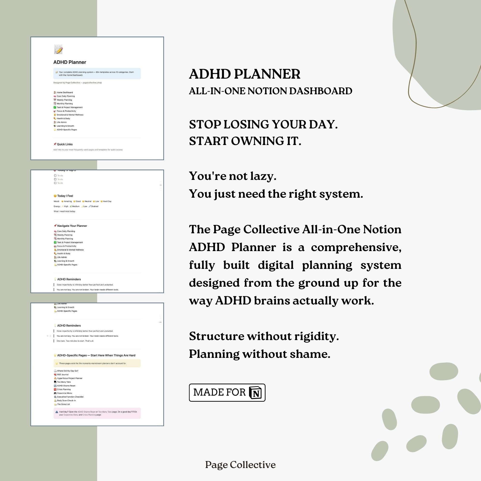 ADHD planner dashboard with text on a light gray background