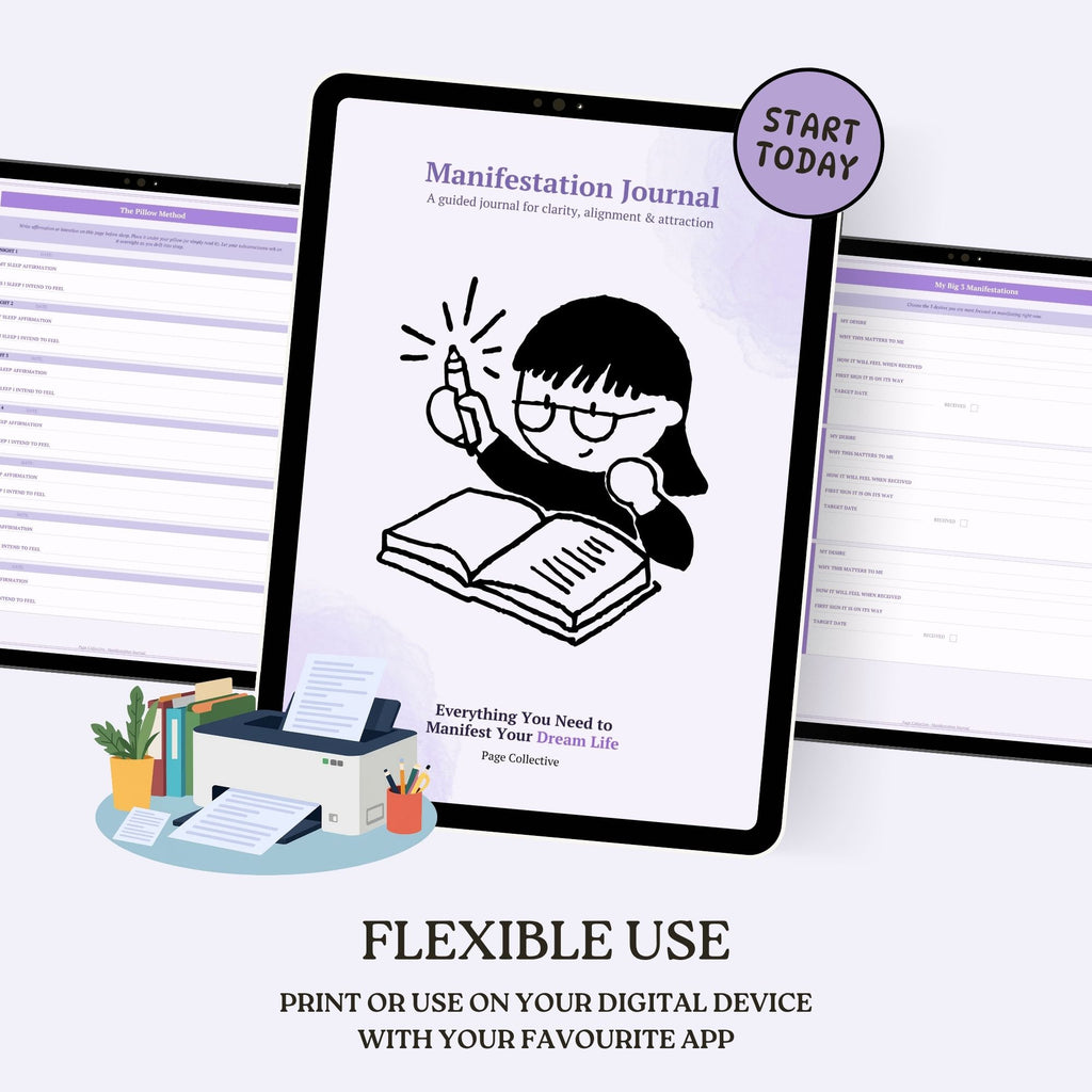 Manifestation Journal on a tablet with printer and books on a white background