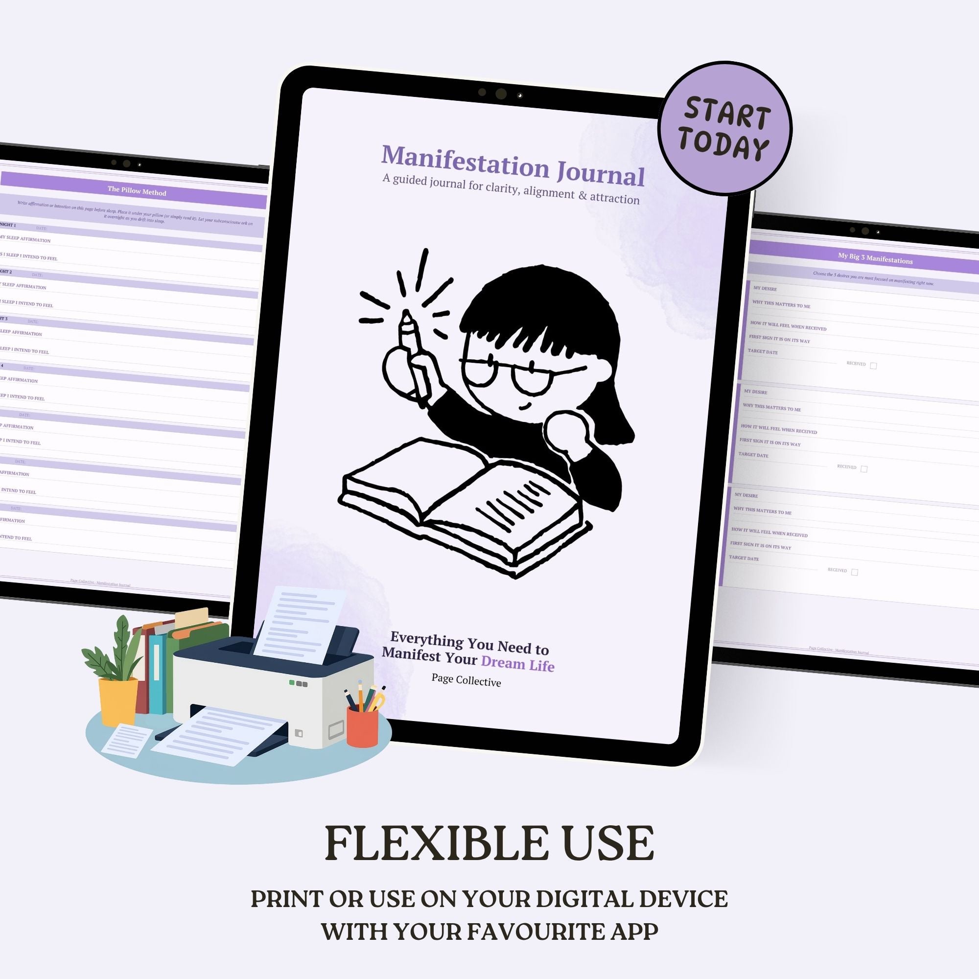 Manifestation Journal on a tablet with printer and books on a white background