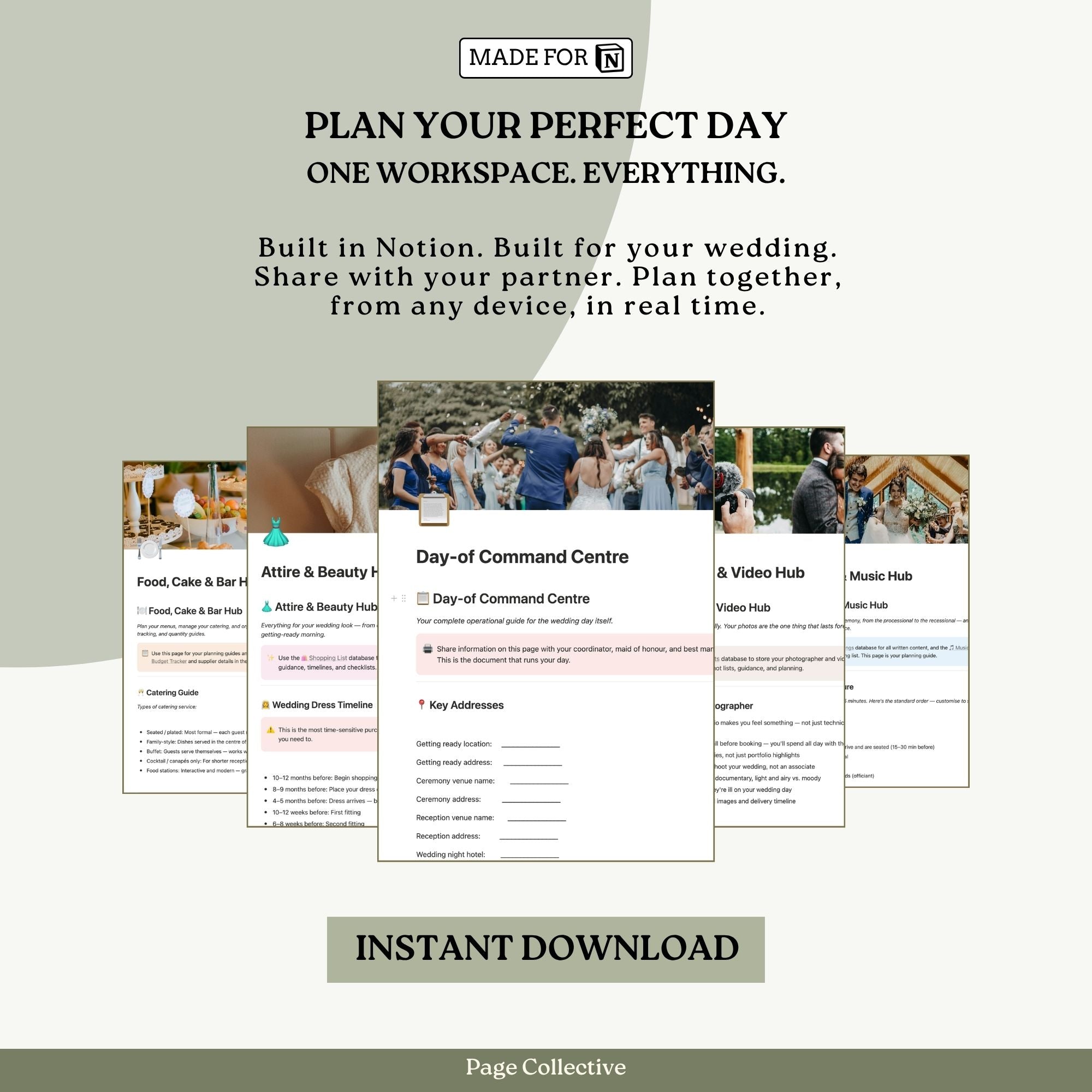 Promotional graphic for a wedding planning tool by Page Collective, featuring text and screenshots of the software.
