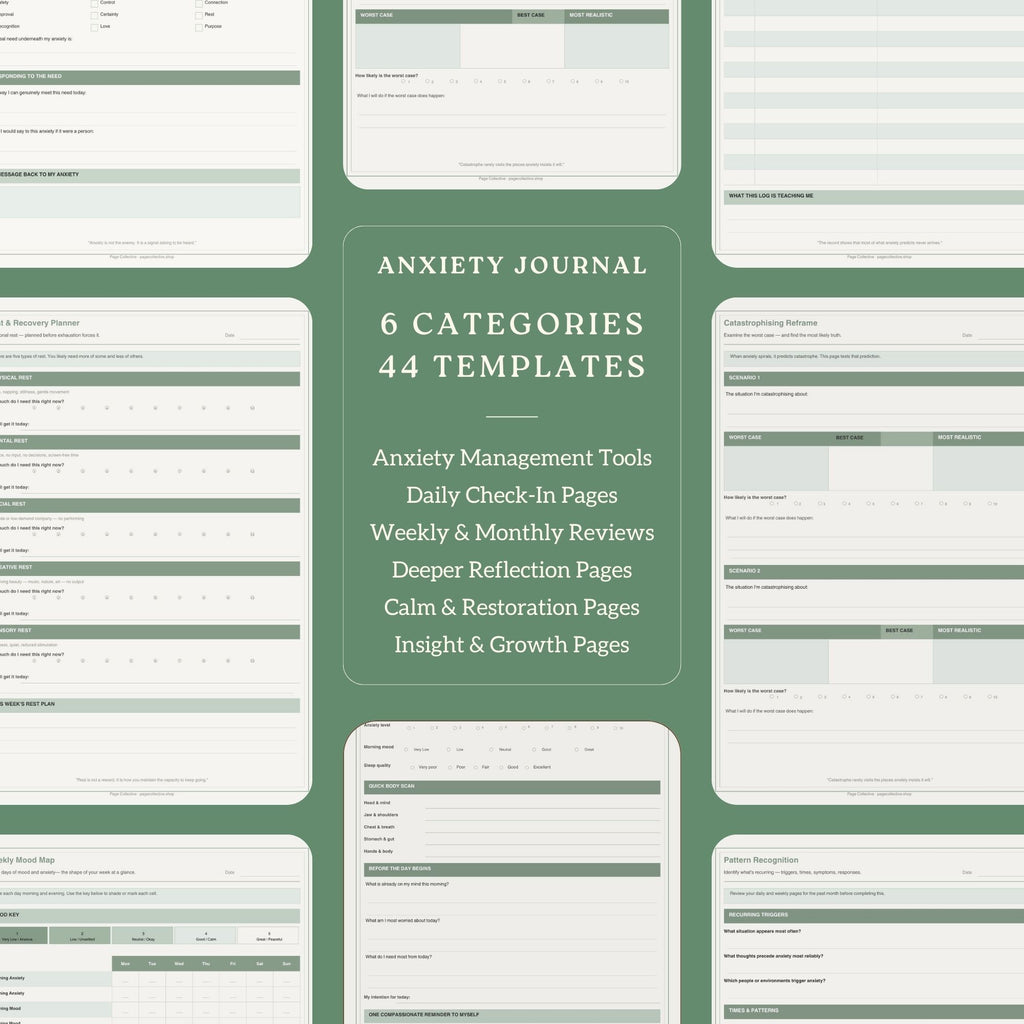 Anxiety journal with 6 categories and 44 templates on a green background