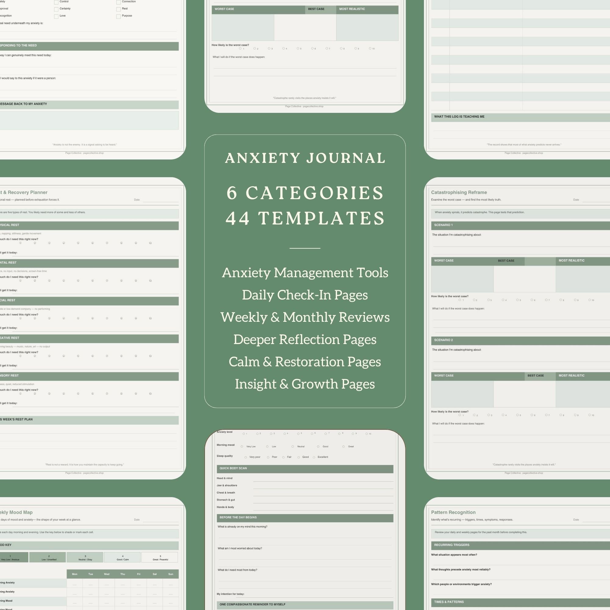 Anxiety journal with 6 categories and 44 templates on a green background