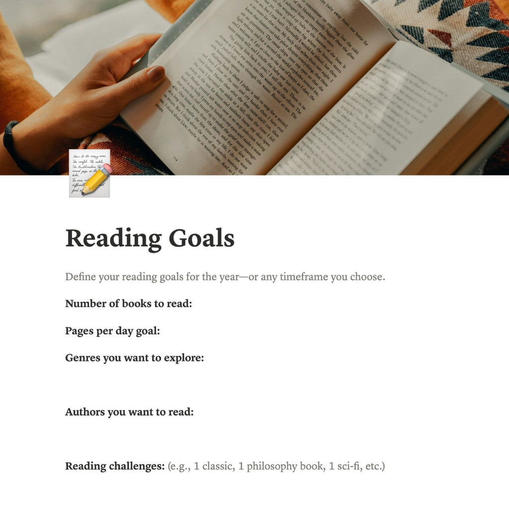Person reading a book with a form titled 'Reading Goals' below.