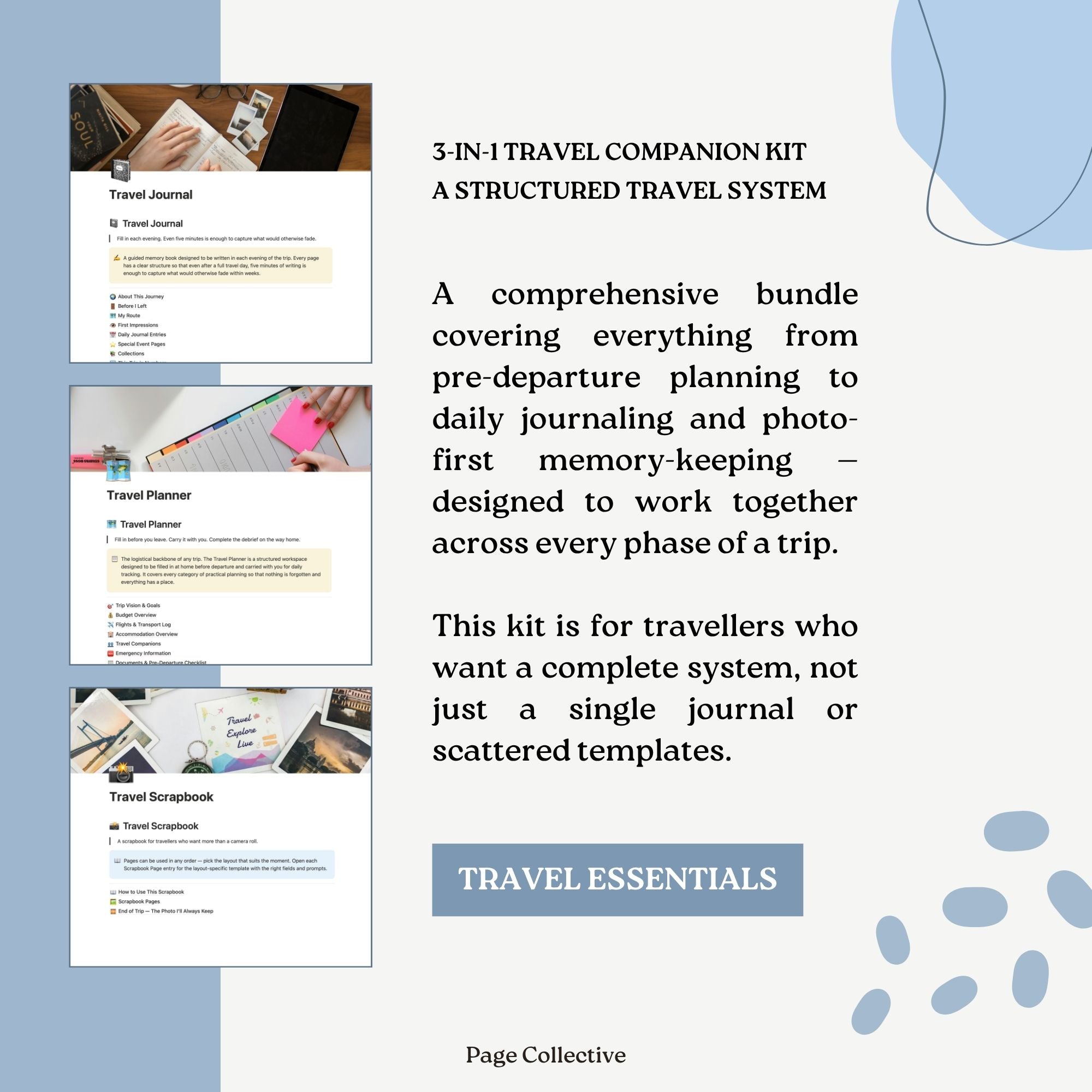 Travel companion kit description with screenshots of travel journal, planner, and scrapbook on a light blue background.