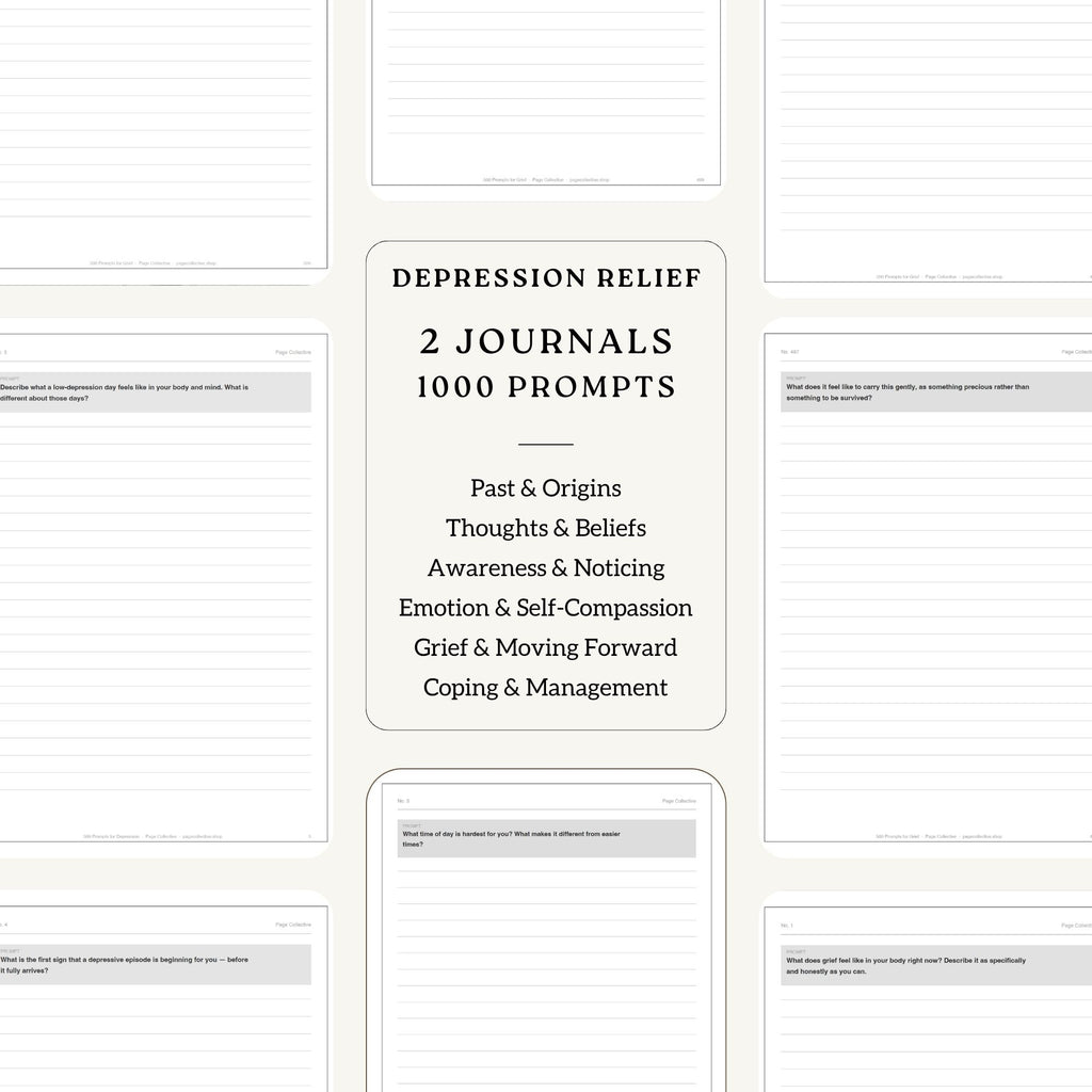Depression relief journal set with 1000 prompts on a white background