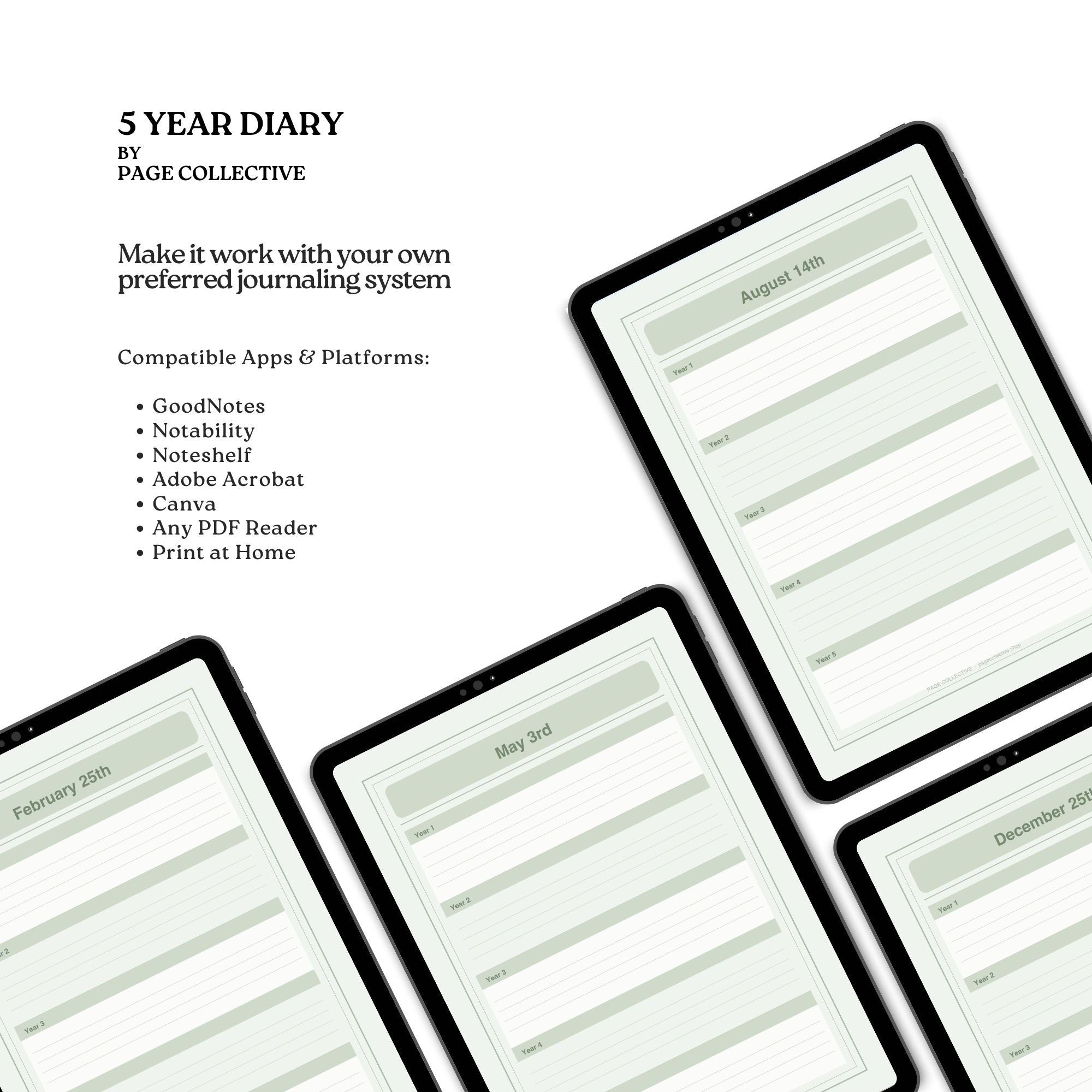 Digital 5-year diary by Page Collective on a white background with text about compatible apps and platforms.