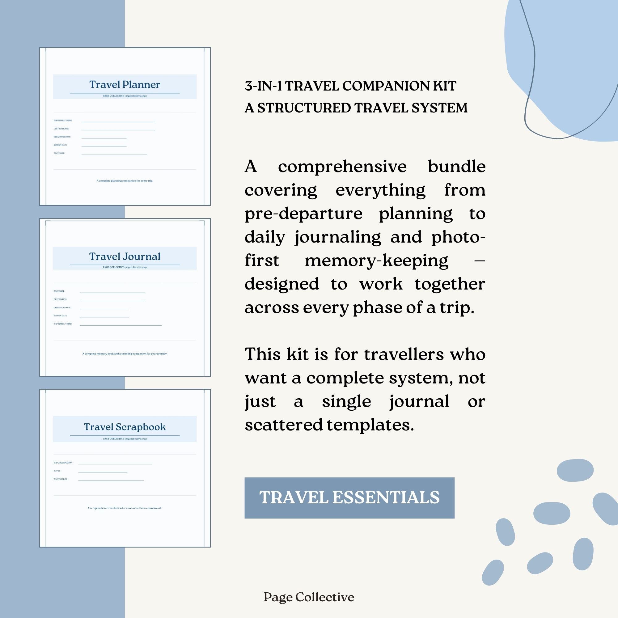Travel planner, journal, and scrapbook with text about a 3-in-1 travel companion kit.