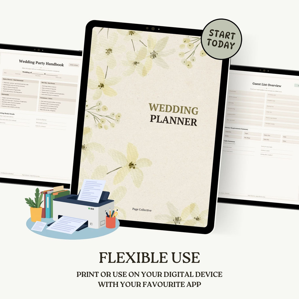 Digital wedding planner on a tablet with printer and stationery items, text 'Start Today' and 'Flexible Use'.