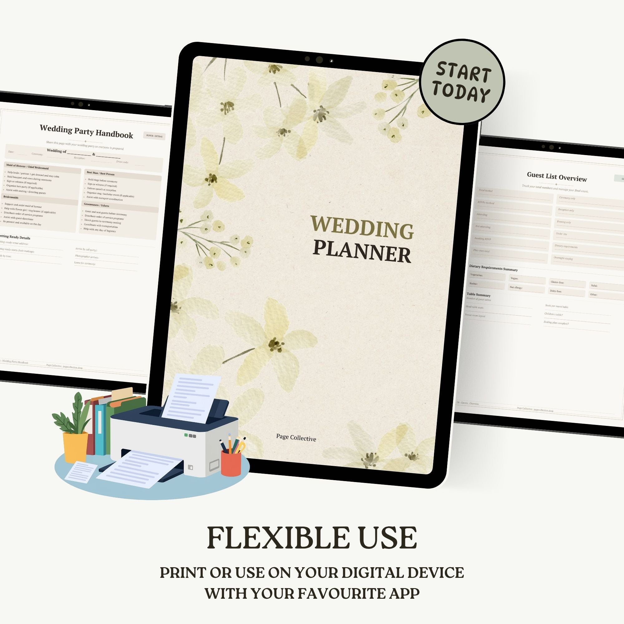Digital wedding planner on a tablet with printer and stationery items, text 'Start Today' and 'Flexible Use'.