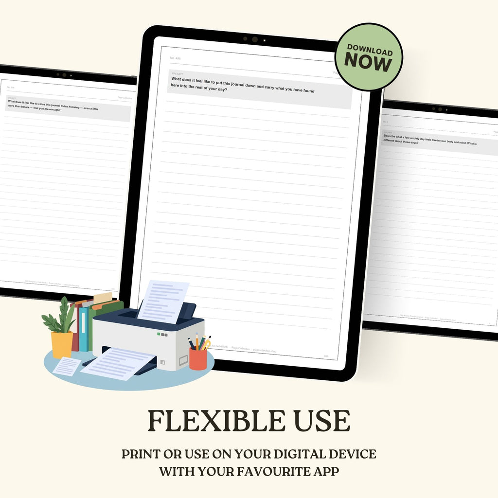 Illustration of a tablet with documents on a desk, promoting flexible use of Mental Health journals bundle