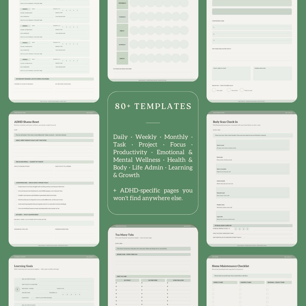 Collection of planner templates on a green background with text detailing the types of templates included.