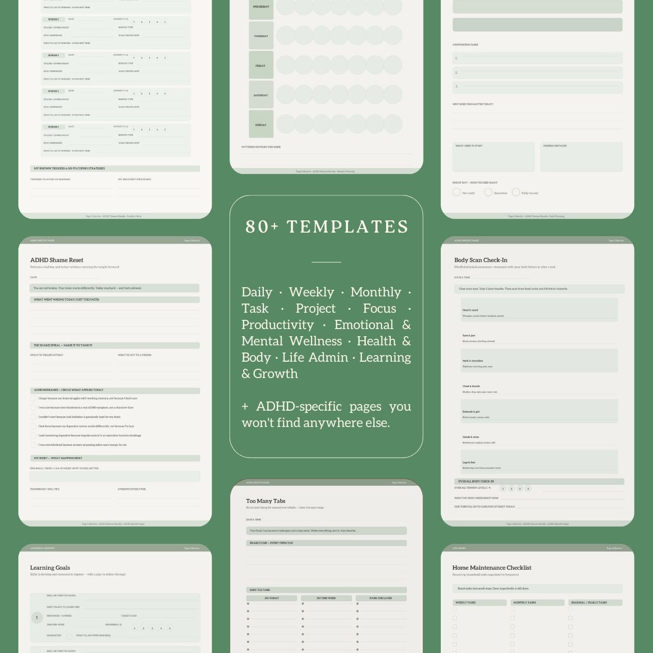 Collection of planner templates on a green background with text detailing the types of templates included.