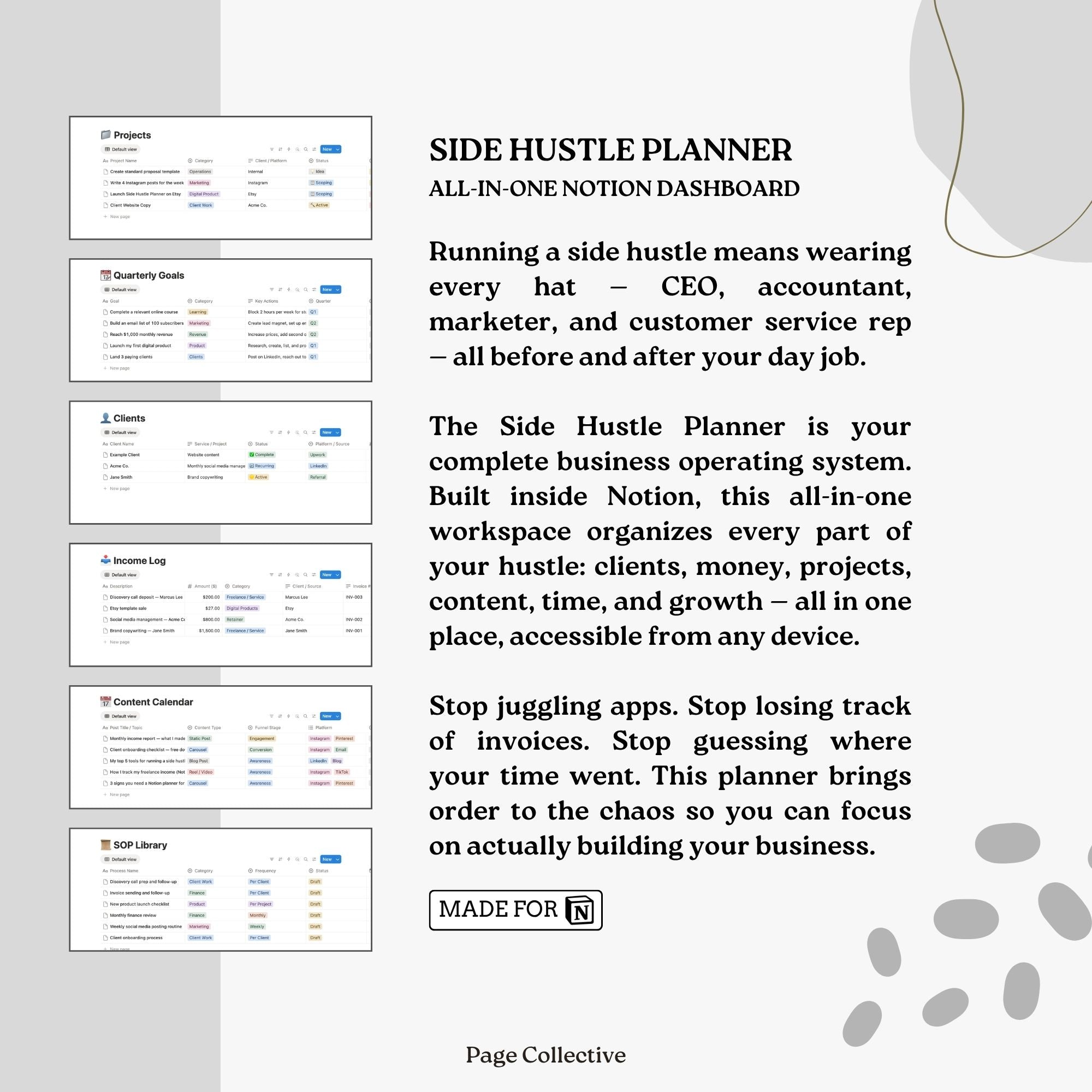 Promotional infographic for Notion Side Hustle Planner by Page Collective