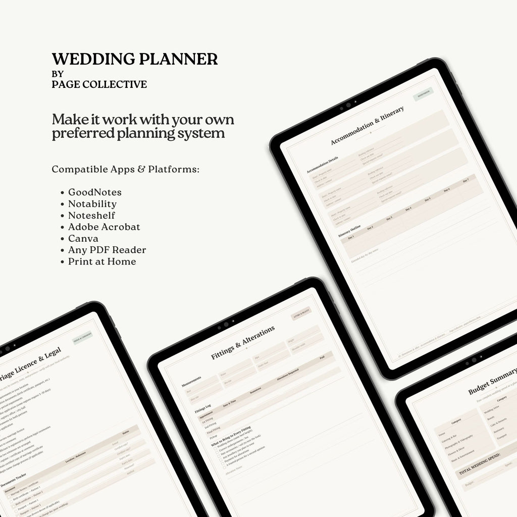 Wedding planner app interface on tablets with text about compatible apps and platforms.