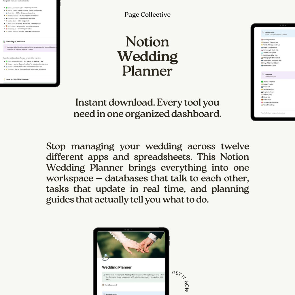 Advertisement for Notion Wedding Planner with text and images of a tablet and smartphone displaying the planner.