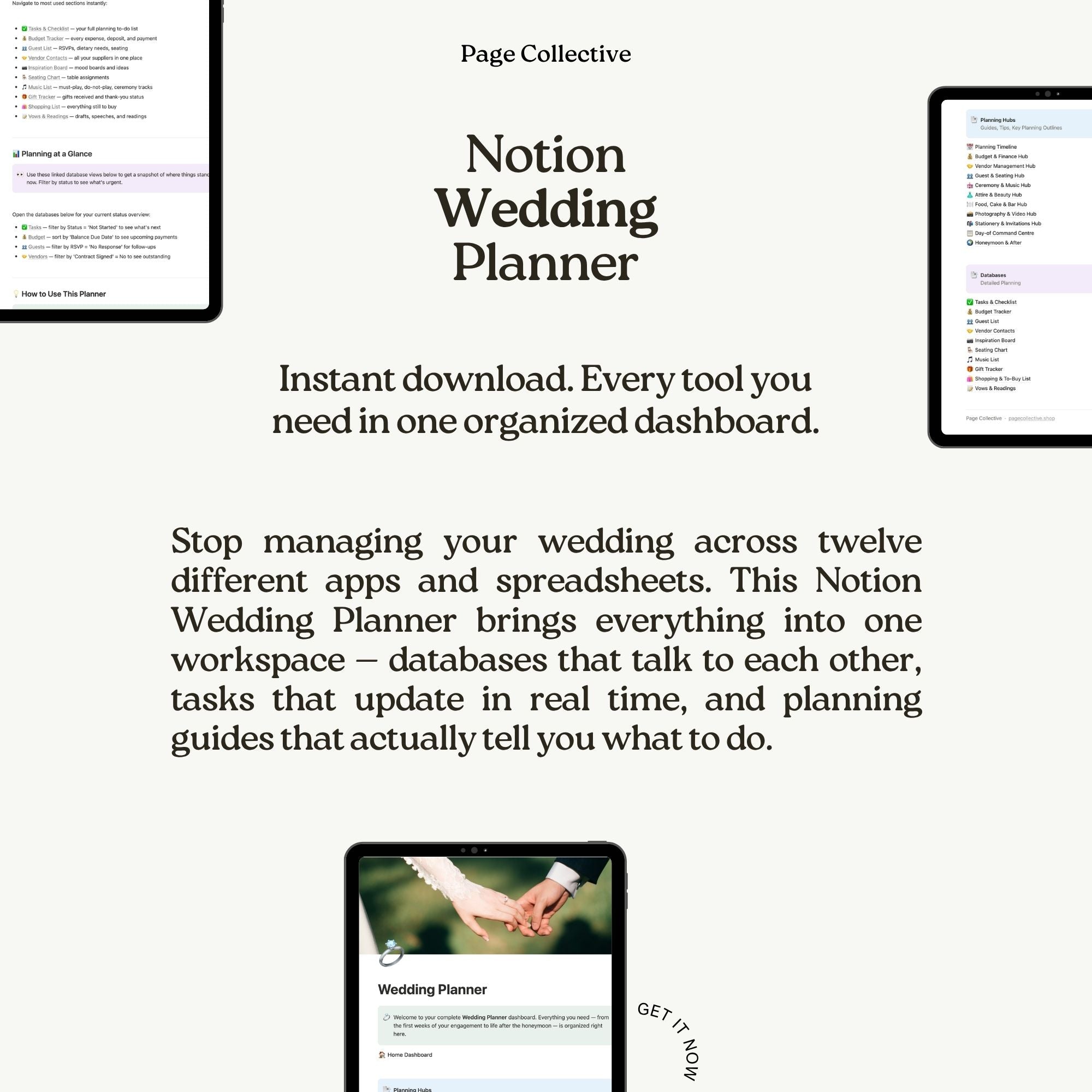 Advertisement for Notion Wedding Planner with text and images of a tablet and smartphone displaying the planner.