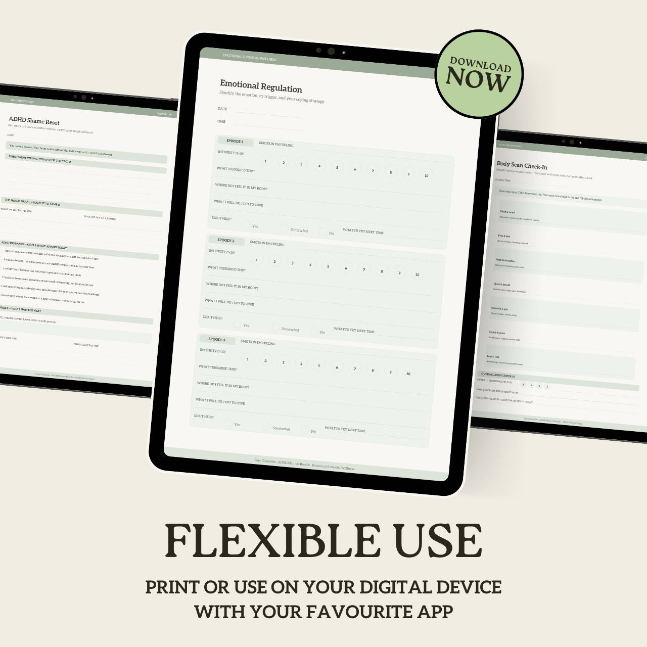 Tablet displaying a document with text and a 'Download Now' button, surrounded by other tablets on a light background.