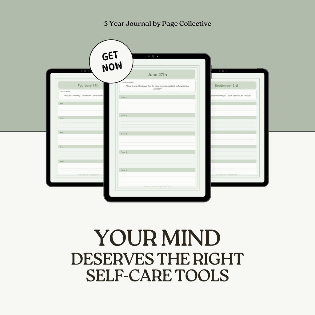 Promotional graphic for a 5-year journal by Page Collective with text 'Your mind deserves the right self-care tools'.