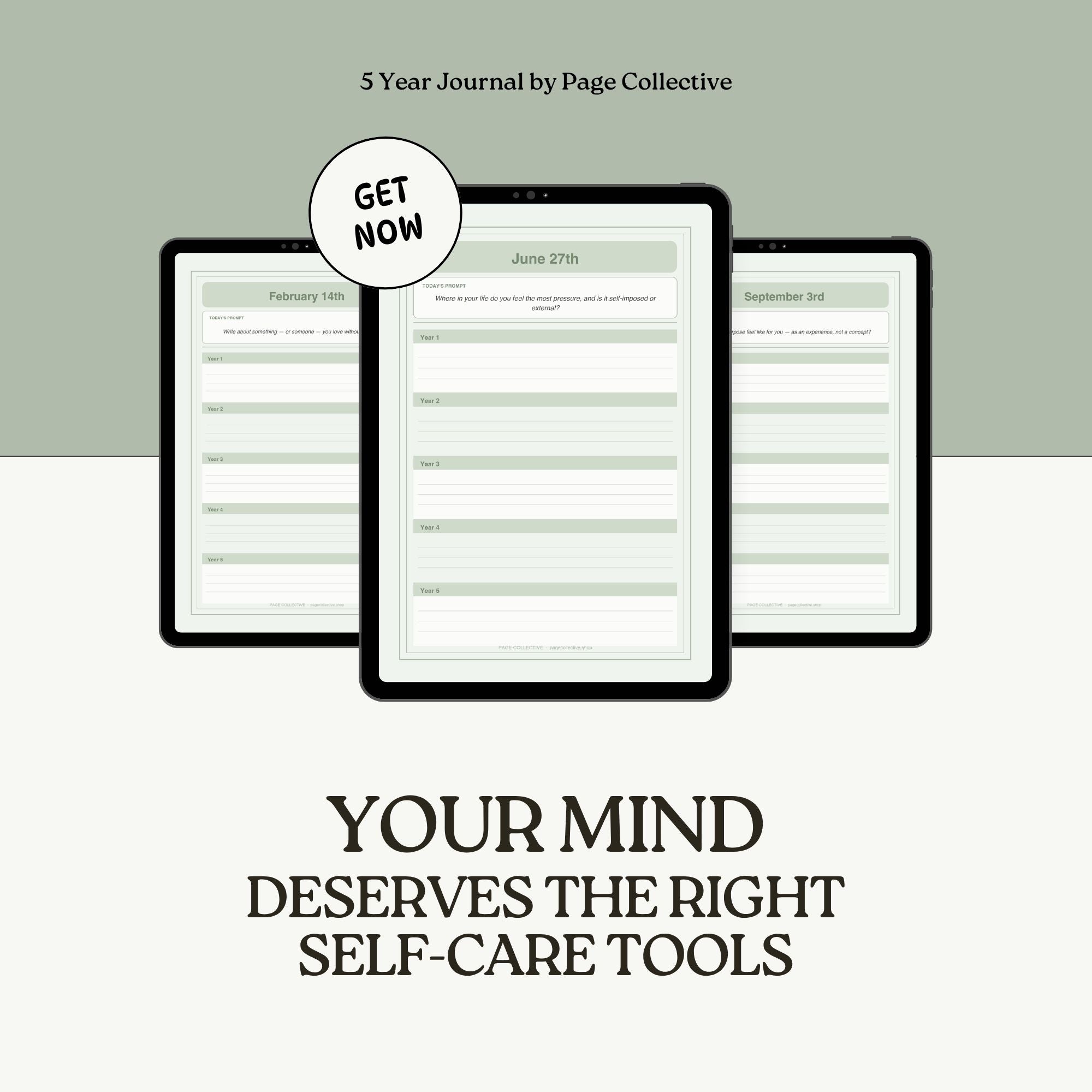 Promotional graphic for a 5-year journal by Page Collective with text 'Your mind deserves the right self-care tools'.