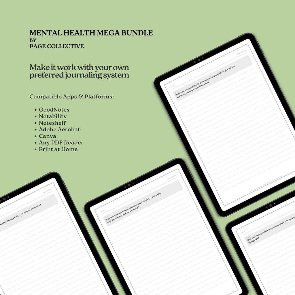 Promotional graphic for Mental Health Mega Bundle by Page Collective with tablets displaying journaling pages on a green background.