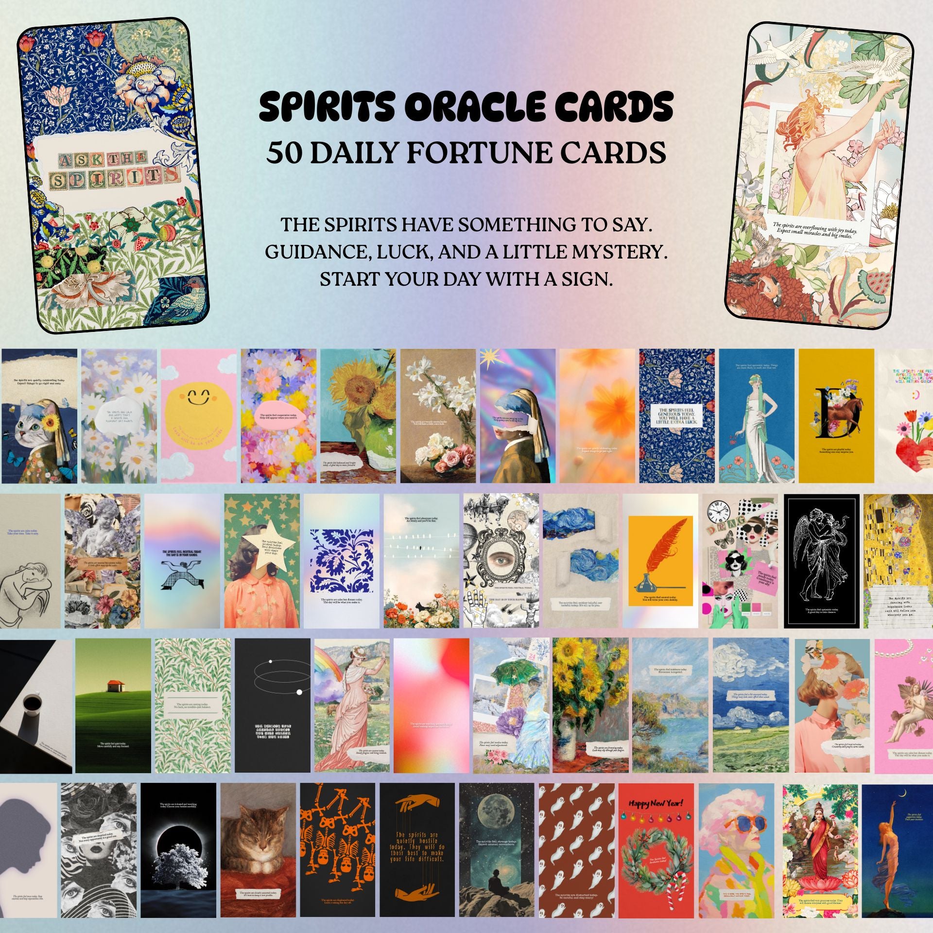 Collection of 'Spirits Oracle Cards' with various designs and text.