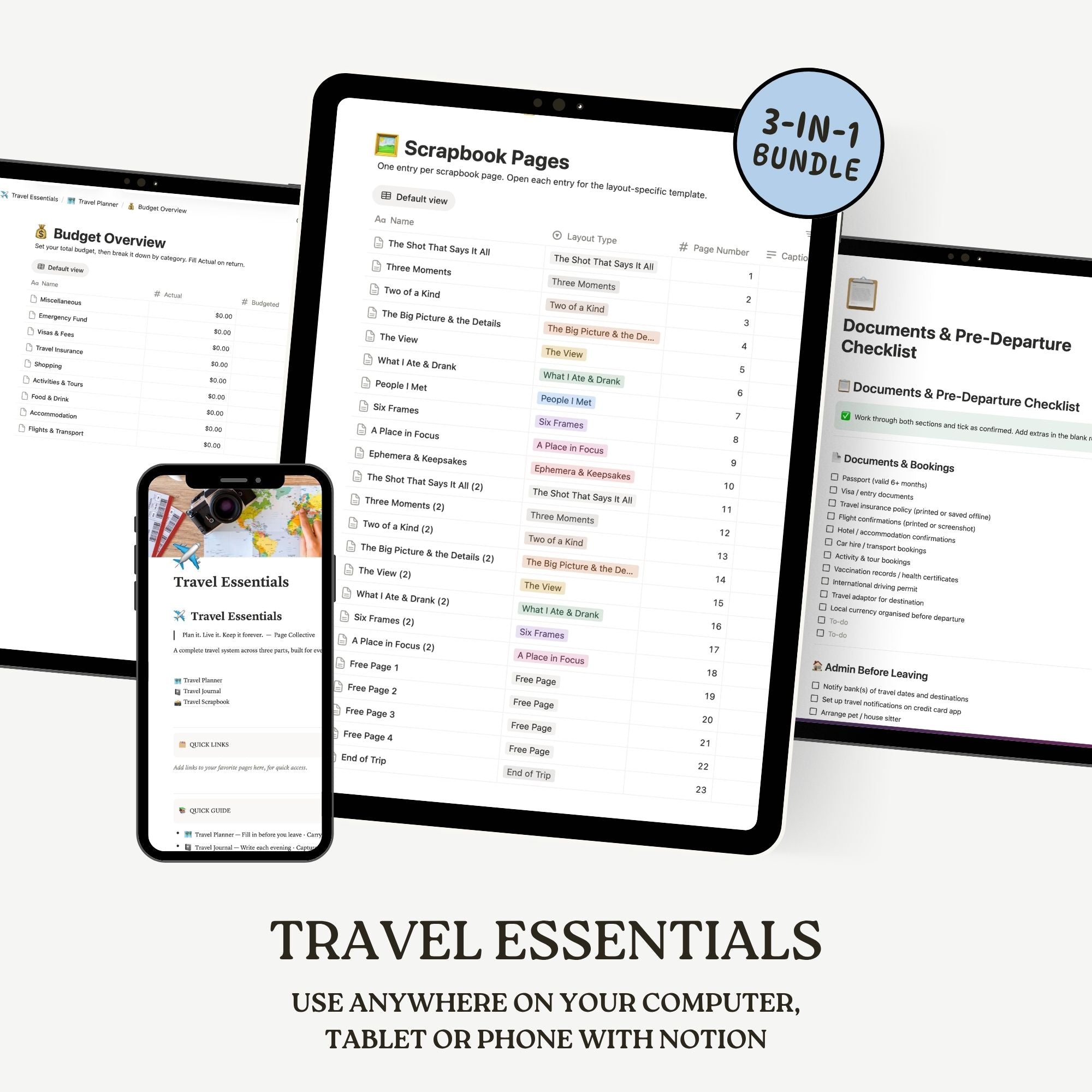 Scrapbook Pages app interface on tablets and a phone with text 'Travel Essentials' and '3-in-1 Bundle'.