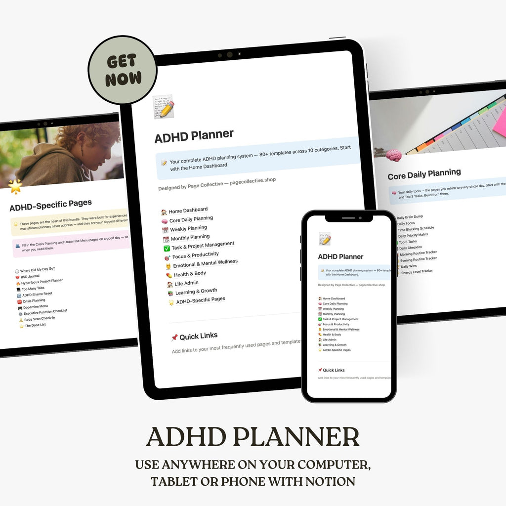 ADHD planner displayed on a tablet, smartphone, and computer screen with promotional text.