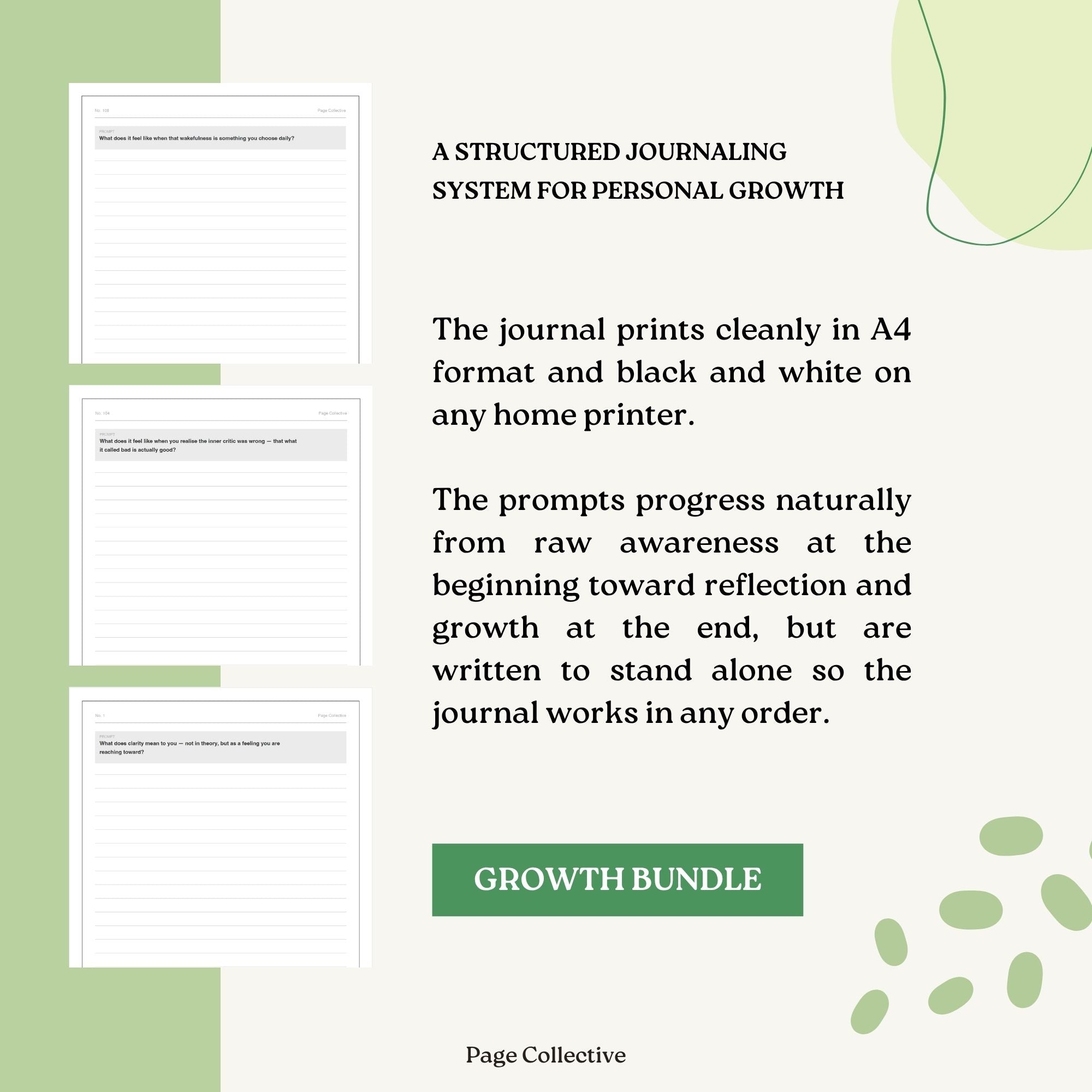 Growth journal bundle with printed pages and text on a light green background
